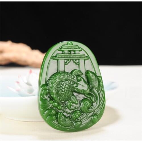 Chinese Green Jade Fish Pendant Necklace Hand-Carved Charm Natural Jewelry Carp Fashion Amulet Accessories for Men Women Gifts