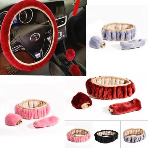 3Pcs Soft Plush Spring Steering Wheel Cover Kit With Stop Lever+Hand Brake Wool Cover Winter Warm Auto Car Interior Accessory