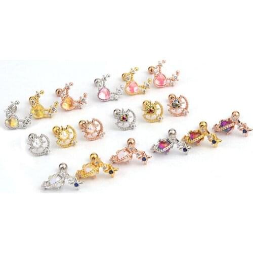 Moon Star Crystal Cartilage Stud Earrings Tragus Helix Ear Piercing Jewelry Spiral Pierced Jewelry