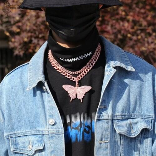 Hiphop Fashion Butterfly Pendant Necklaces Pink Cuban Link Chain For Women Iced Out 4mm Tennis Chain AAA Cubic Zircon Jewelry