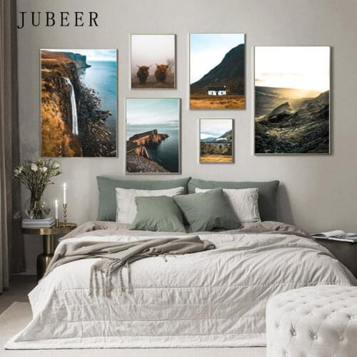 Scandinavian Decor Landscape Posters on The Wall Mountains Lakes Canvas Painting Highland Cattle Modular Pictures Wall Poster