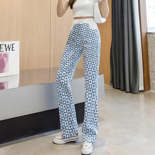 Fall 2021 new high street blue and white contrast retro printing ladies casual pants straight loose all-match girls jeans