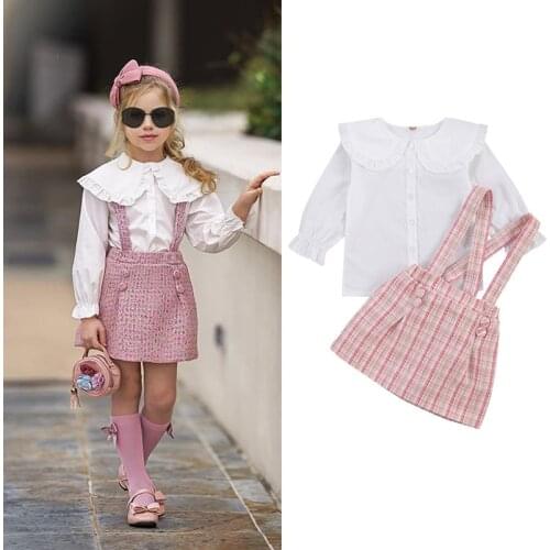 Autumn Princess Kids Baby Girls Clothes Sets 2pcs Peter Pan Collar Single Breasted Tops Plaid Print Bib Strap Dress