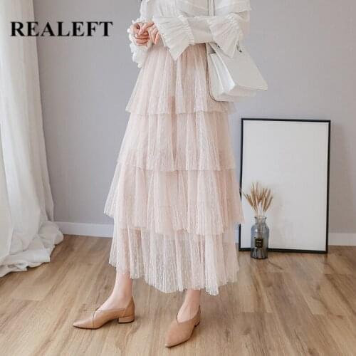 REALEFT 2021 New Spring Womens Pleated Skirt Elegant Fashion Cake Layers High Waist Elastic Mesh Ladies Midi Skirts Female