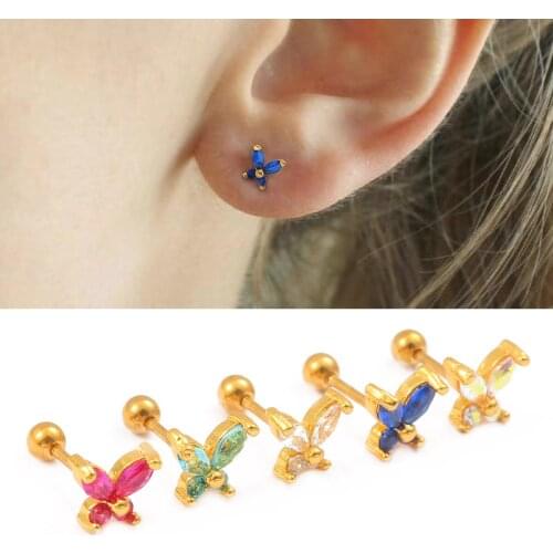 1PC Stainless Steel Butterfly Cartilage Stud Earring Cubic Zirconia Helix Tragus Conch Screw Back Earring Piercing Jewelry