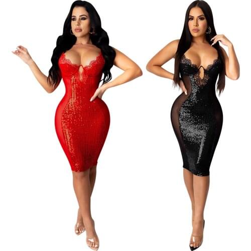 SUJYing Fall Pailletten Lace Sexy Party New Womens Dress nightclub Sexy Sling Bodycon Jurk