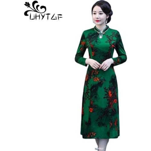 UHYTGF Spring Autumn Dress Women Printed Long Sleeve Vintage Cheongsam Dress Female Middle-Aged Mother Slim Plus Size Dresses 11