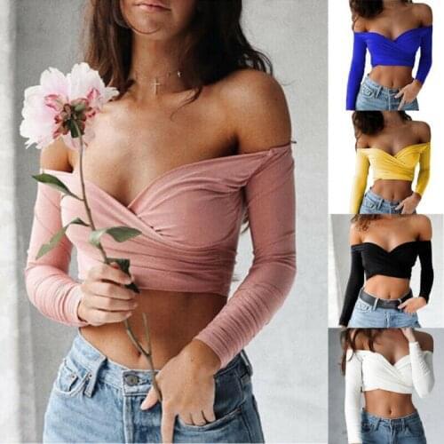 Ladies Sexy V-Neck Solid Color Long Sleeve Off the Shoulder Bandage Crop Top T-shirt Summer Casual Streetwear