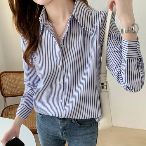 Blue Striped Shirt Women Long Sleeve Button Office Blouse Woman Clothes 2021 New Autumn Womens Tops Korean Style Chemisier Femme