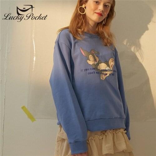 Women Spring Fall Blue O-Neck Cotton Rabbit Print Letter Sweatshirt Ladies Sweet Plus Size Pullovers Female Casual Tops ZM115
