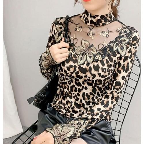 2021 Spring Blouse Women Leopard Print Mock Neck Shirt Sheer Patchwork Shirts Leaf Embroidery Basic Blouse Femme Oversized M-4XL