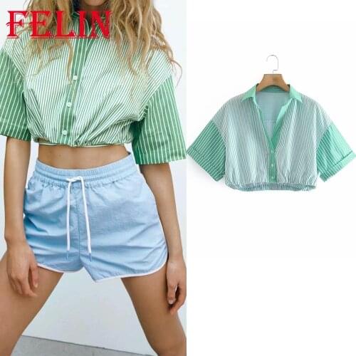 FELIN Za Summer Short Shirts Women Fashion 2021 Striped Print V Neck Cropped Tops Mujer Short Sleeve Loose Shirts