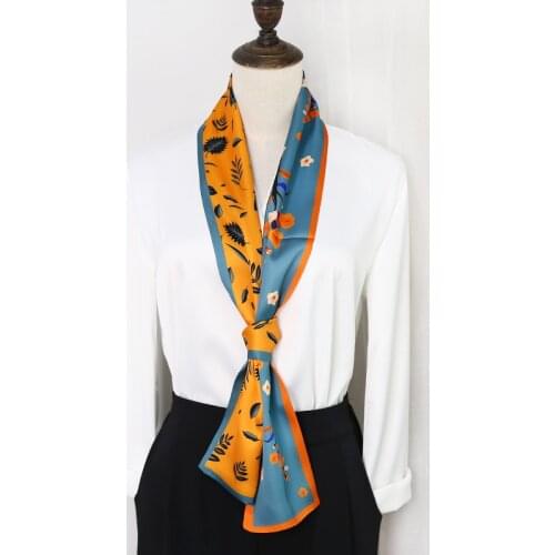Women Hair Head Handle Bag Fashion Accessories Long Neckerchief Narrow Small Flower Printed Imitated Silk Tie Scarf