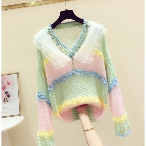 2021 Autumn Winter Loose Sequin Knit Sweater Color Patch Jumper For Women Beading Hollowed Out Knit Pullover Coat Tops Female