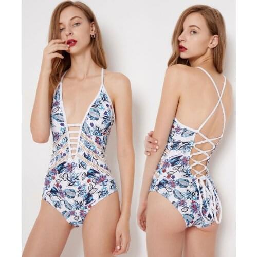 Womens One Piece Swimsuit Print Deep V-Neck Criss Cross Lacu up Low Back Floral Monokini Cutout Plunge Sexy Bathing Suit