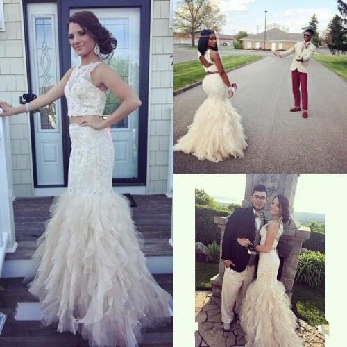 Two Pieces Sleeveless Open Back Appliques Lace Beaded Black Girl Prom dresses 2019 Long Formal evening prom gown prom dress