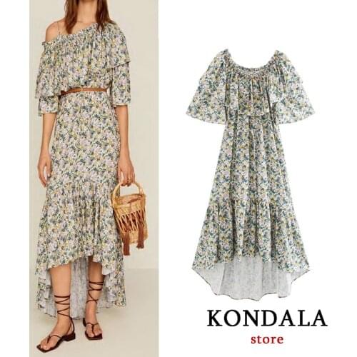 Women dress za 2020 Spring fashion vintage floral print slash neck ruffles dress short sleeve mid-calf draped dresses female