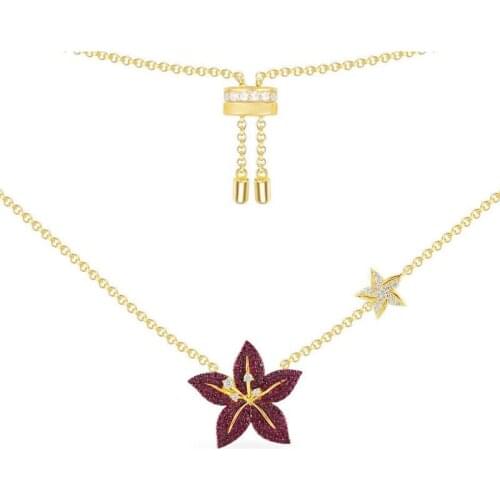 SLJELY Fashion Real 925 Sterling Silver Yellow Gold Color Tropical Jungle Burgundy Flower Adjustable Necklace Women Fine Jewelry