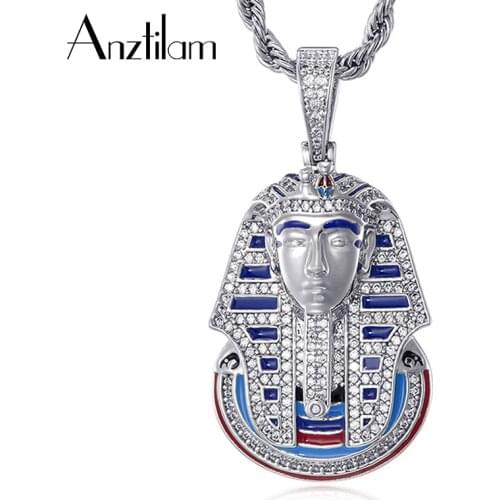 Gold Color Bling Egyptian Pharaoh Pendants Iced Out Necklace Micro Paved Zircon Stone HIP HOP Necklace For Men Jewelry Gifts