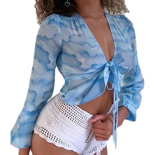 2021 Blue Print Y2K Long Sleeve Crop Top Women V Neck Bandage Spring Summer Casual Vintage Ruffles Sexy Top T Shirts 90S