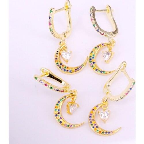 6Pairs, Micro Pave CZ Jewelry Female Colorful CZ Crystal Crescent Moon Dangle Earrings