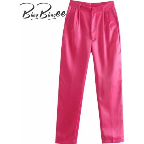 BlingBlingee Za 2021 Summer Autumn Woman Traf Casual Party Satin Pants Folds Detail Side Pockets High Waist Straight Long Pants