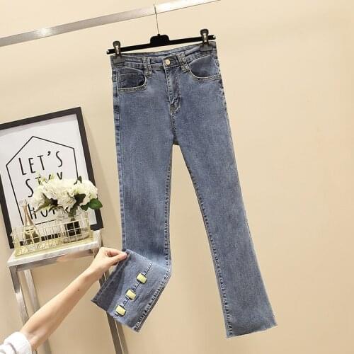 Large size ladies' spring 2021 fat younger sister for leg thick hip width elastic fashion show thin micro flared jeans