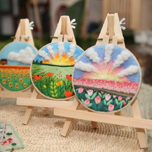 Flower Embroidery DIY Kit with Hoop Landscape Cross Stitch Kits Pattern Printed Sewing Art Set Handmade Needlework Craft Decor