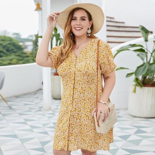 DOIB Women Yellow Floral Dress Plus Size Cross V Neck Puff Sleeve Midi Dress 2021 Summer Fashion 4XL Dress