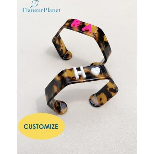 Flaneur Planet Dainty Personalized Initials Tortoiseshell Celloid Acetate Bent Bangle Cuff Open Hexagon Bangle Bracelet