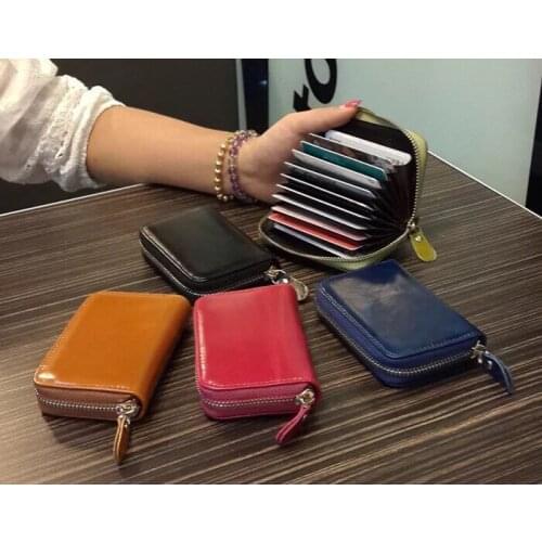 Oil wax genuine leather card holders Man and Woman zip card holder Expanding file wallet