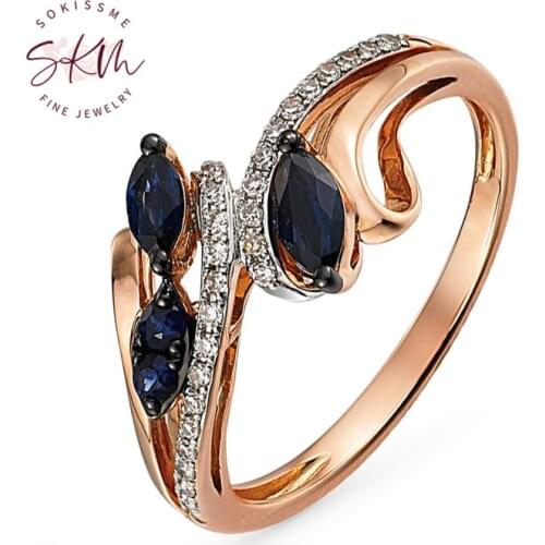 SKM Flower Rose Gold Rings For Women Genuine Shiny Diamond Sapphire Engagement Rings Anniversary Chic Fine Jewelry