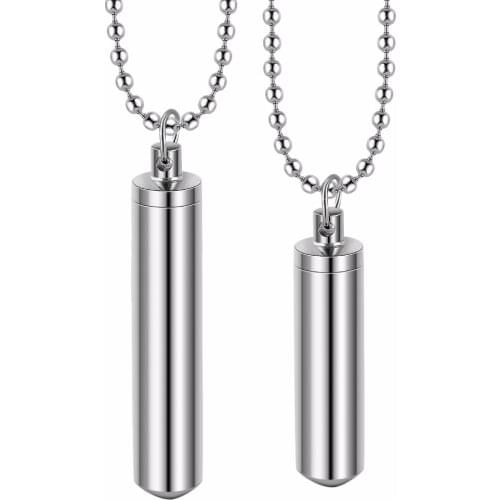 Men Stainless Steel Jewelry Pill Case Holder Cylinder Urn Pendant Memorial Necklace 2 sizes Beaded Chain 20"