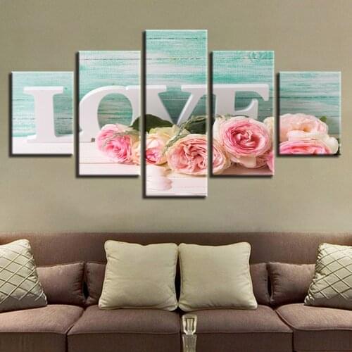 Wall Art Canvas Paintings 5 Pieces Letters Love And Pink Roses Painting Romantic Modular Decor For Living Room Decoration