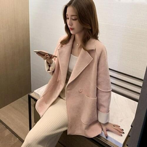 Trendy New Autumn Women Woolen Coat Notched Collar Loose Fit Streetwear Pink Parka Windproof Warm Ladies Outwear