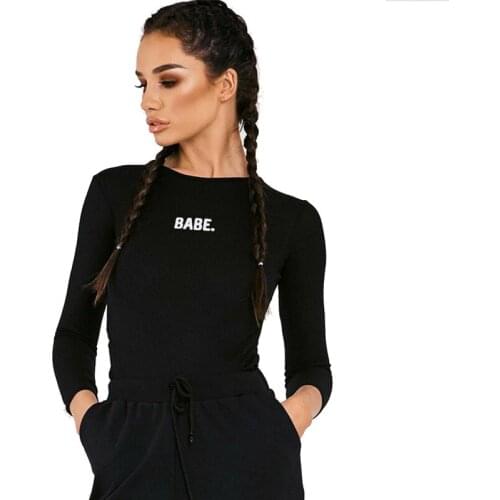 Sexy Letter Print Bodysuits Women Rib Long Sleeve Crew Neck Slim Skinny Club Bodycon Stretch Leotard Fashion Jumpsuits