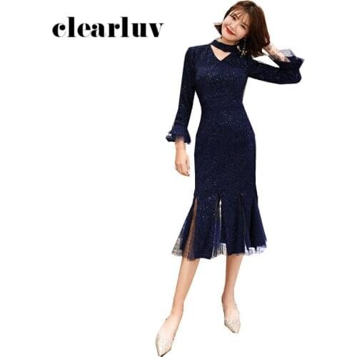 Mermaid Sequined Women Party Dresses DR356 Navy Blue Shining Vestido De Fiesta High Collar Prom Dress Long Sleeve Elegant Gowns