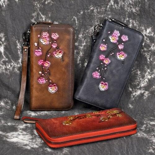 Hot genuine leather women wallet casual style purse high quality long wallets charming plum blossom pattern clutch bag