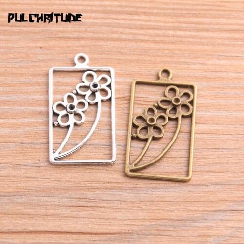 PULCHRITUDE 10pcs 19*34mm 2020 New Product Two Color Rectangular Flower Charms Plant Pendant Jewelry Metal Alloy Jewelry Marking