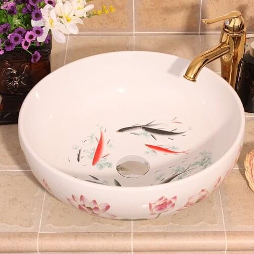 Handmade China Artistic Art wash basin Ceramic Counter Top bathroom sink round fish pattern ceramic Wash Basin Bathroom Sinks