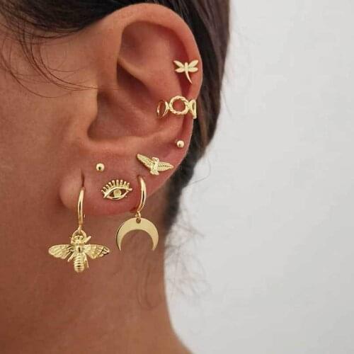 Korean Earings Fashion Jewelry Moon Bee Geometric Earrings Oorbellen Ear Clip Set Earrings For Women Brincos Wholesale