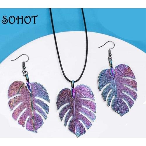 SOHOT Bohemia Colorful Alloy Monstera Leaf Pendant Women Jewelry Set Chic Hollow Imitation Natural Leaves Lady Jewelry Bijoux