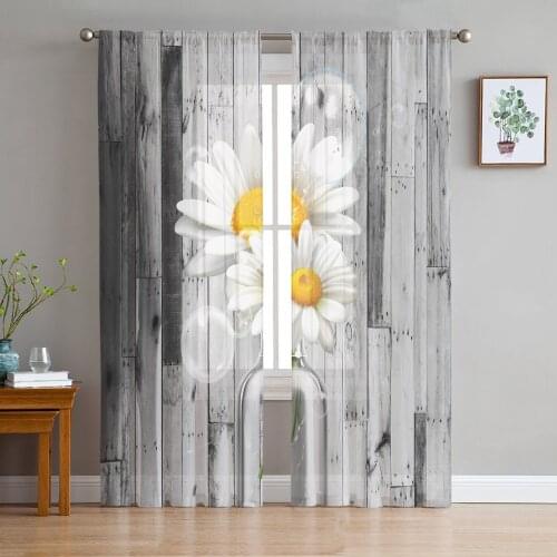 Daisy Flower Bottle Wood Grain Retro Voile Tulle Sheer Curtains for Bedroom Living Room Kitchen Decor Chiffon Windows Curtain