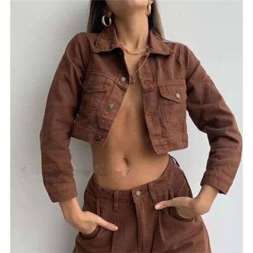 Vintage Brown Y2k Womens Cropped Denim Jackets Single Breasted Turn-down Collar Female Jacket 2021 Fashion Streetwear Autumn