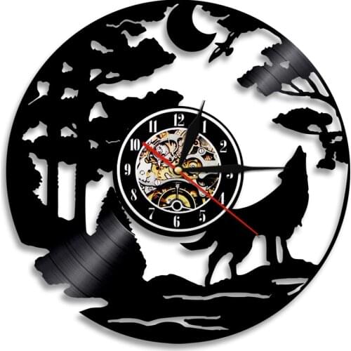 Wolf Moon Forest Wall clock Animals Vinyl Record Wall Clock with Illuminated LED Backlight for Kids Room Dormitory Decoration