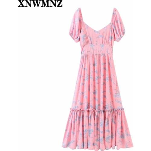 XNWMNZ 2021 Ruffles Hem Floral Printed Women Dress Puff Sleeve V-neck Summer Dresses Female Vintage Elegant Boho Beach Vestidos
