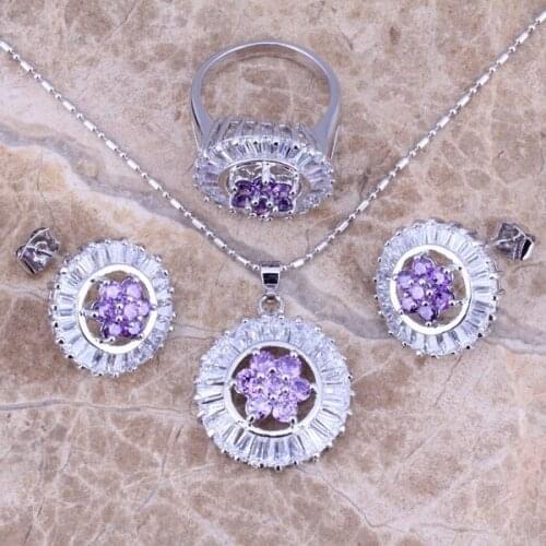 Glaring Purple Cubic Zirconia White CZ Silver Plated Jewelry Sets Earrings Pendant Ring Size 6 - 9 S0130