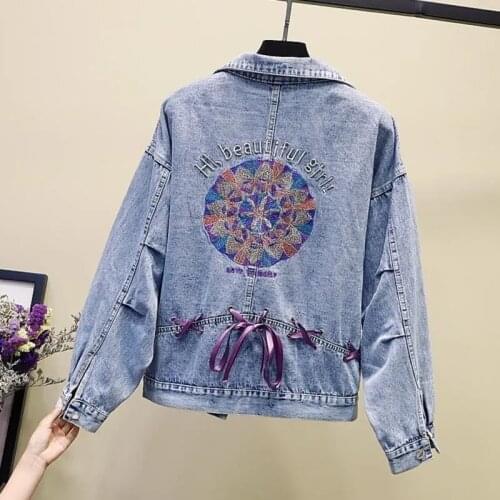 2021 Spring And Autumn New Embroidered Flower Bandage Short Denim Jacket Female Loose Single-Breasted Bow Jeans Coat Women L480