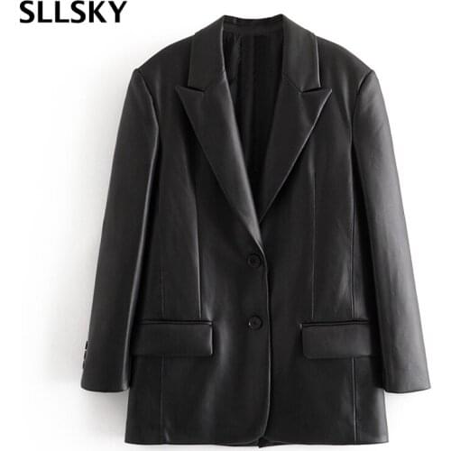 SLLSKY PU Faux Leather Blazers Women Leather Jacket Coat 2021 Long Womens Jacket Outwear Lady Coat Female Leather Suit Blazers