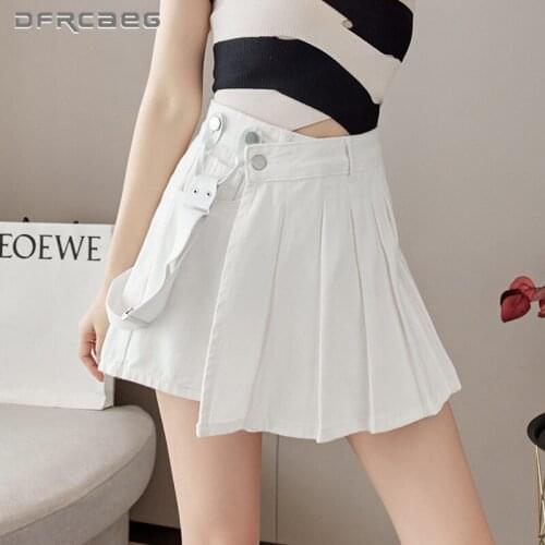 Sexy One Shoulder Woman Suspender Denim Skirts Shorts Summer 2021 High Street Strap Jeans Short Pleated Skirt Feminino